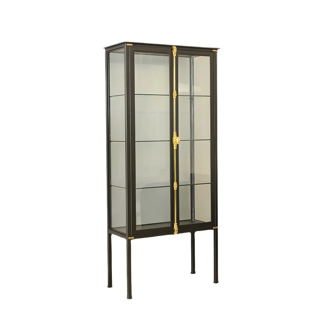 Vitrine lumineuse à étagères en verre et métal noir avec éclairage intégré