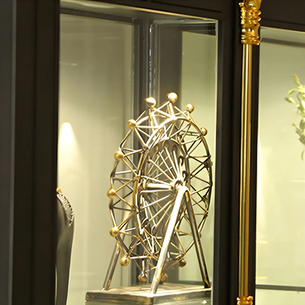 Vitrine lumineuse à étagères en verre et métal noir avec éclairage intégré