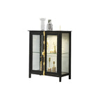 Vitrine lumineuse à étagères en verre et métal noir avec éclairage intégré