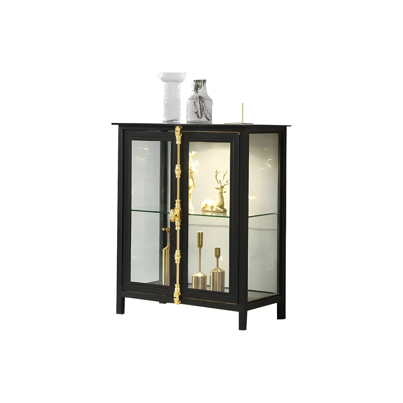 Vitrine lumineuse à étagères en verre et métal noir avec éclairage intégré