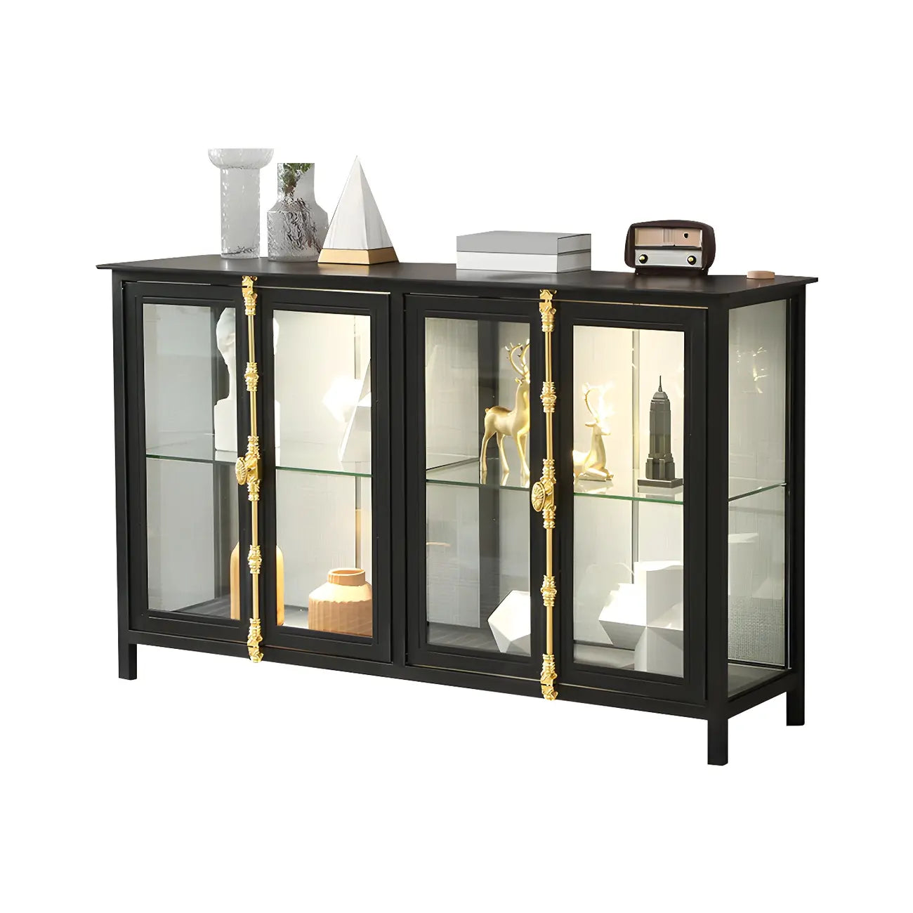 Vitrine lumineuse à étagères en verre et métal noir avec éclairage intégré