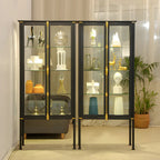 Vitrine lumineuse à étagères en verre et métal noir avec éclairage intégré