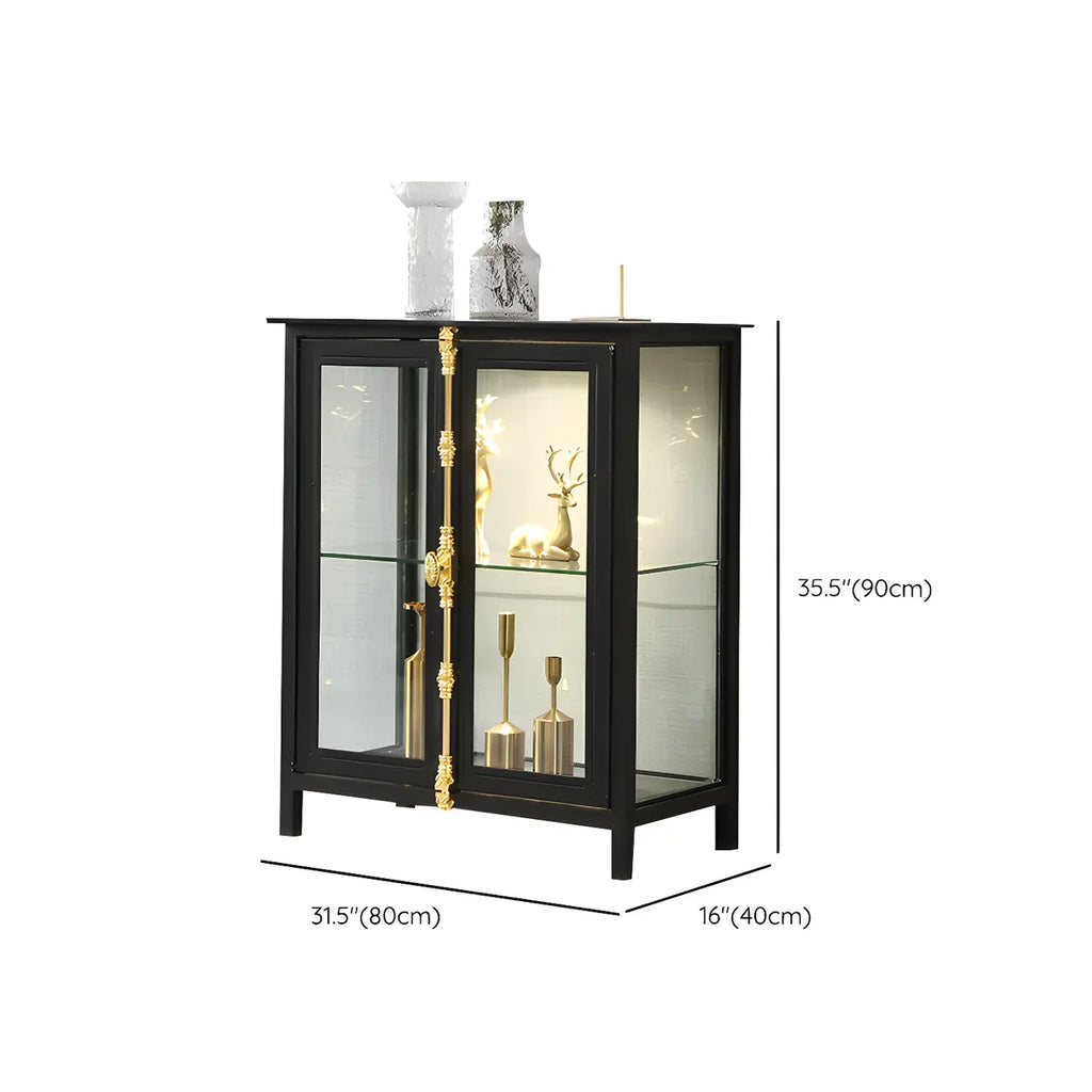 Vitrine lumineuse à étagères en verre et métal noir avec éclairage intégré