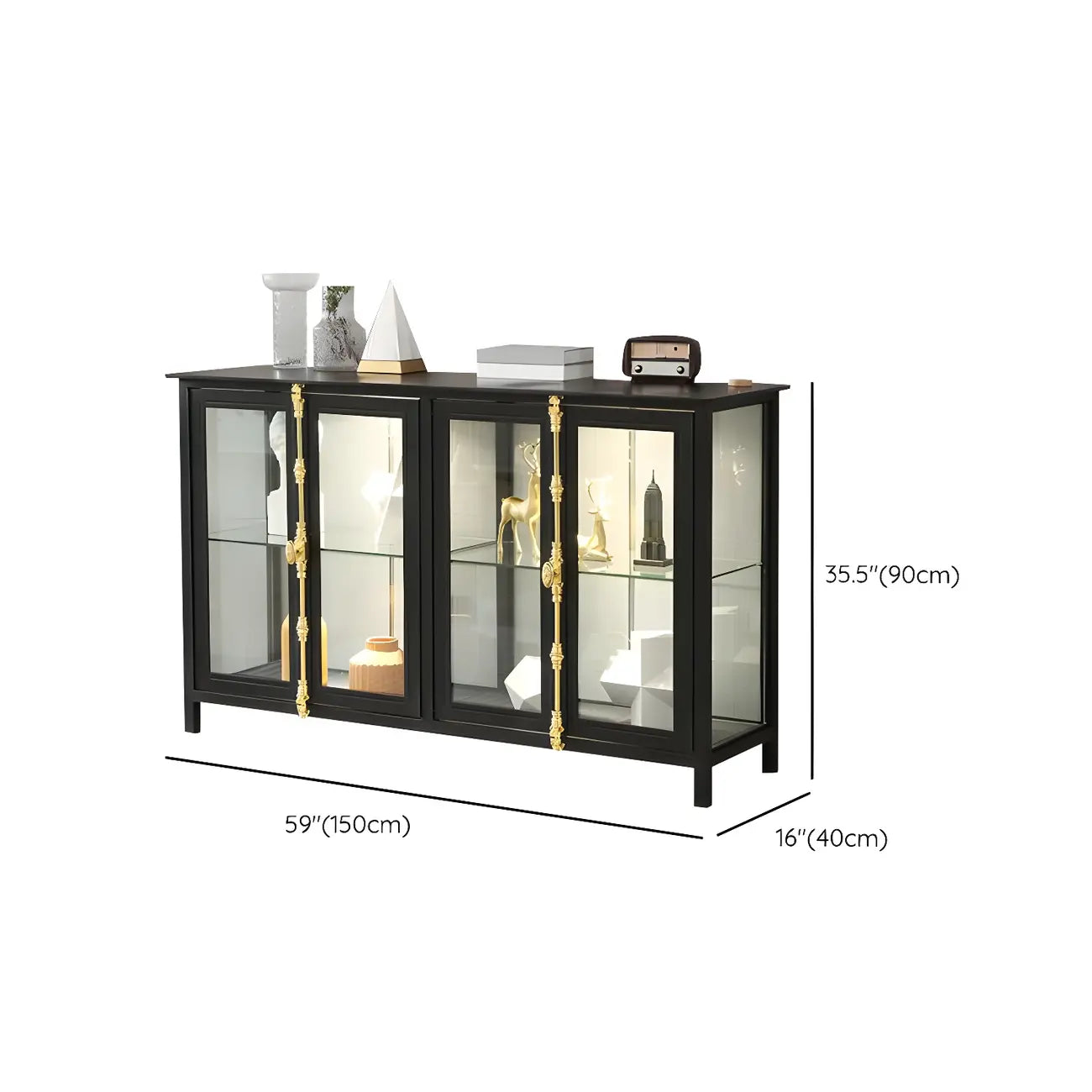 Vitrine lumineuse à étagères en verre et métal noir avec éclairage intégré
