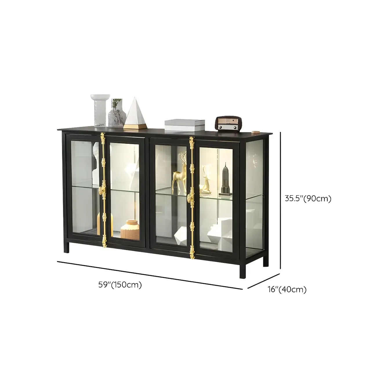 Vitrine lumineuse à étagères en verre et métal noir avec éclairage intégré