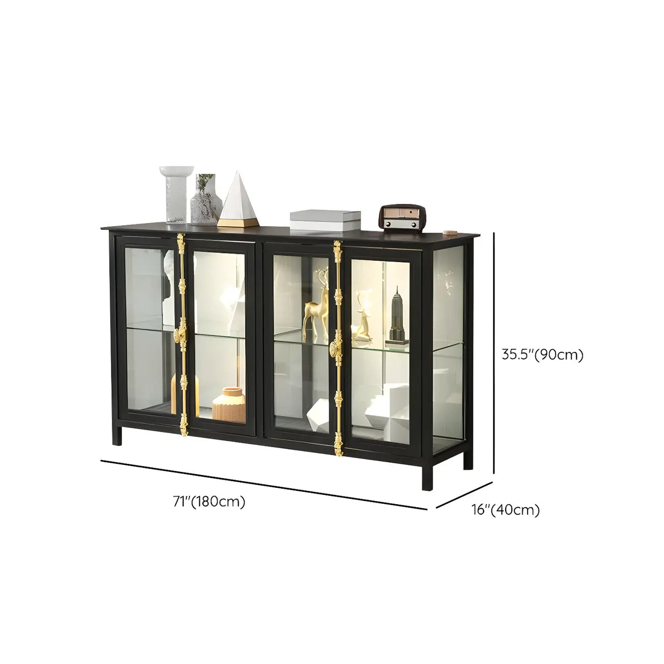 Vitrine lumineuse à étagères en verre et métal noir avec éclairage intégré