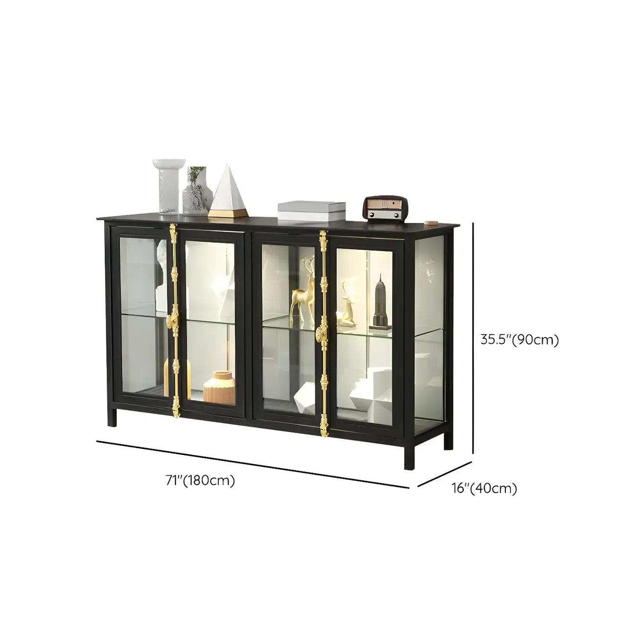 Vitrine lumineuse à étagères en verre et métal noir avec éclairage intégré