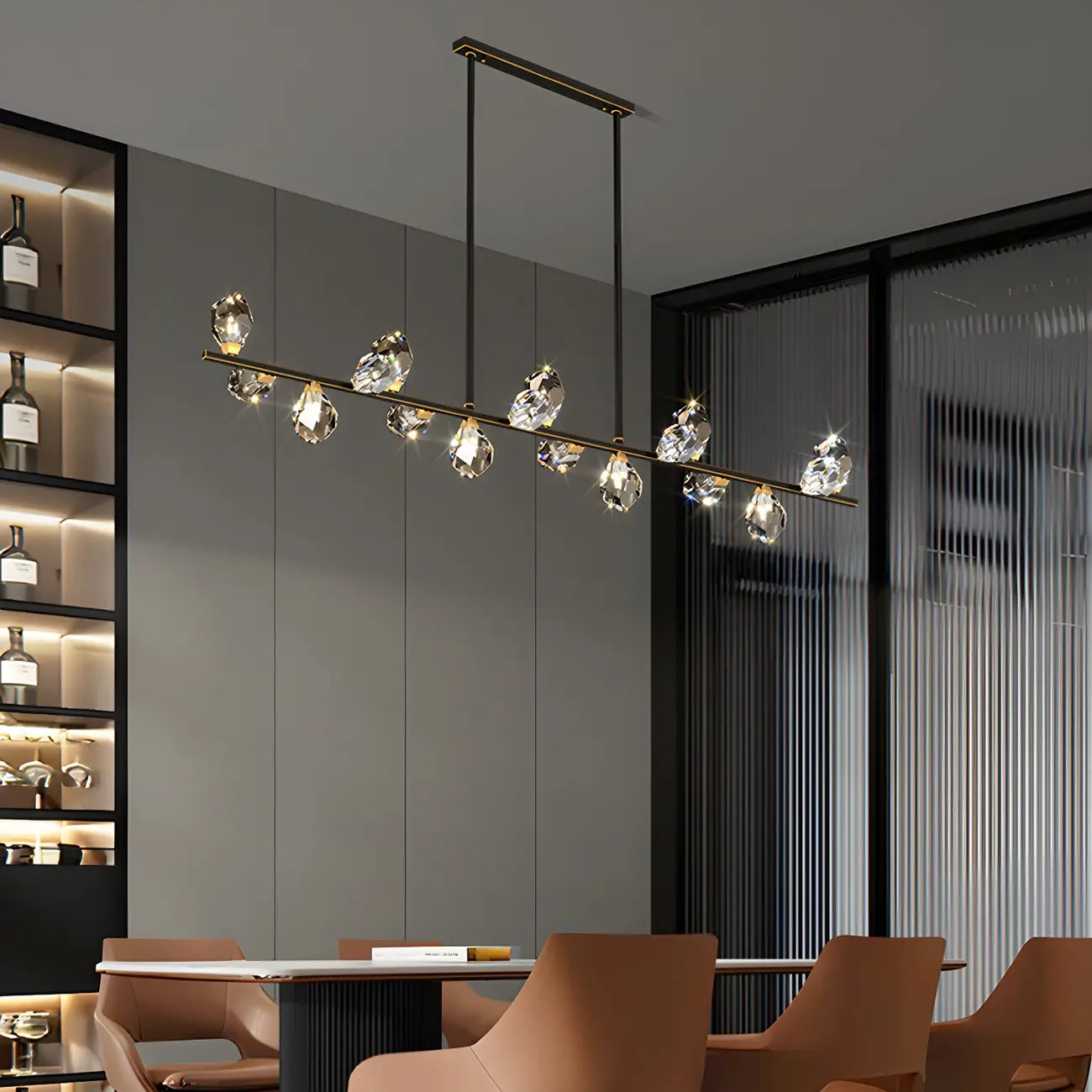 Suspension contemporaine linéaire en cristal pour îlot de lumière