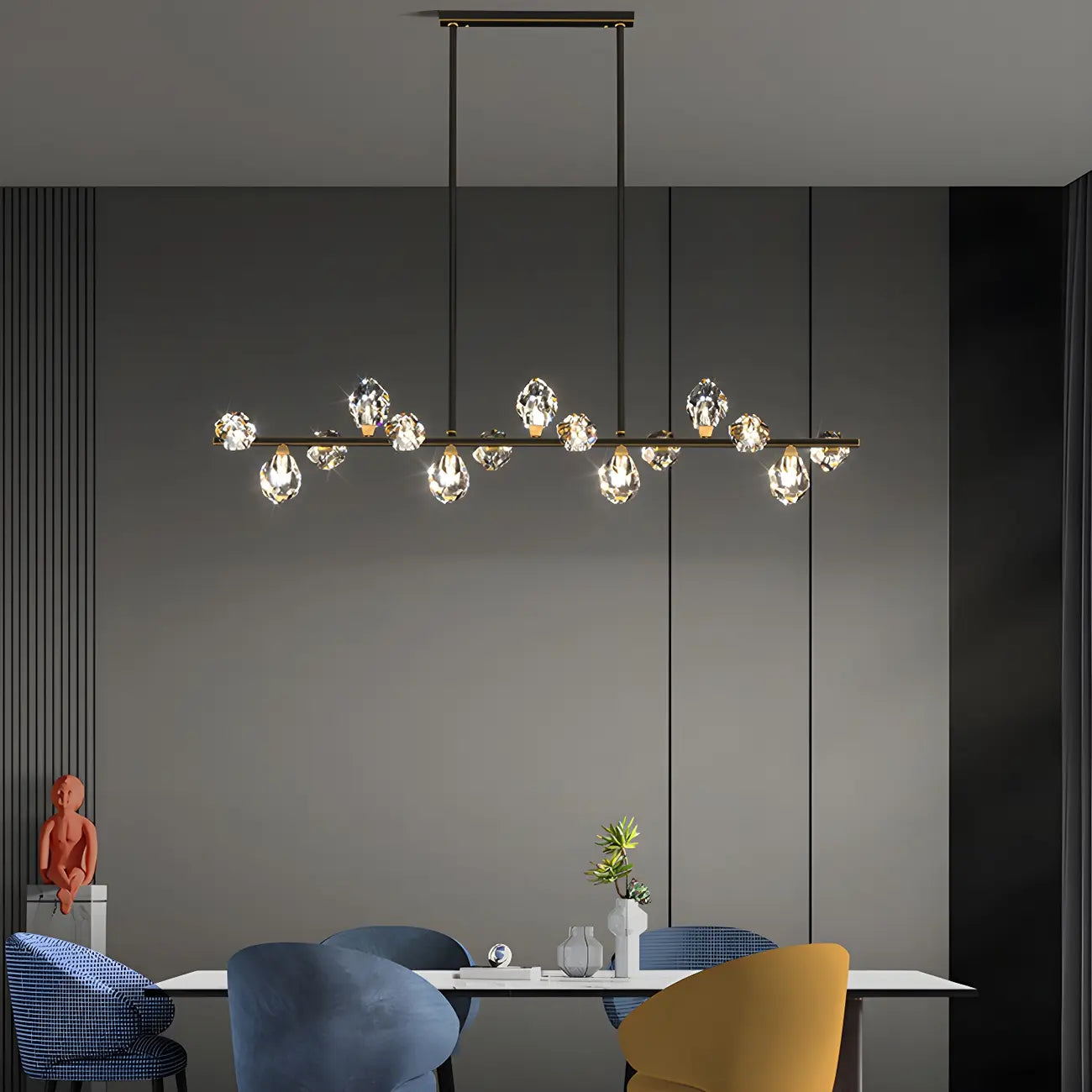 Suspension contemporaine linéaire en cristal pour îlot de lumière
