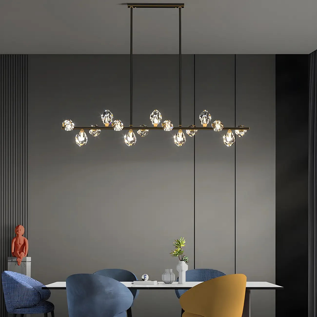 Suspension contemporaine linéaire en cristal pour îlot de lumière