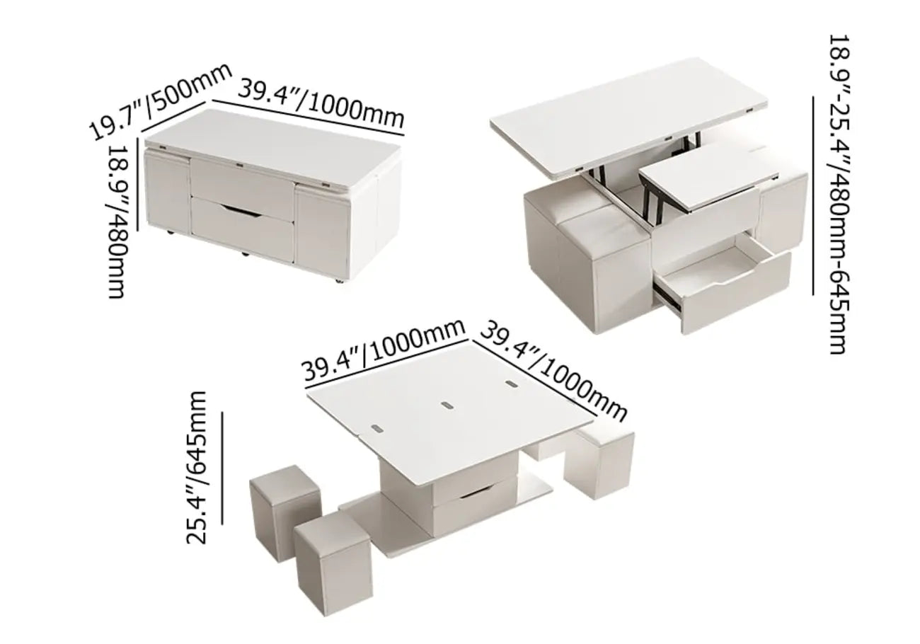 Table basse pliable à plateau relevable avec 4 tabourets et rangement
