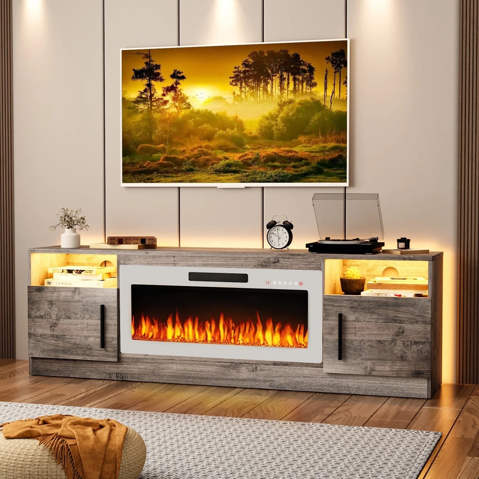 Meuble TV Bossin 70 avec cheminée électrique 36 pouces, compatible avec les téléviseurs jusqu'à 80 pouces, éclairage LED 16 couleurs/centre multimédia