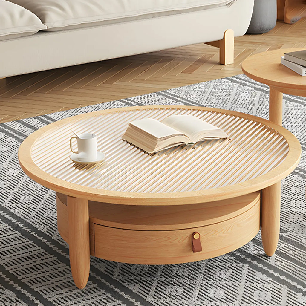 Table basse ronde moderne en bois marron avec tiroir en verre