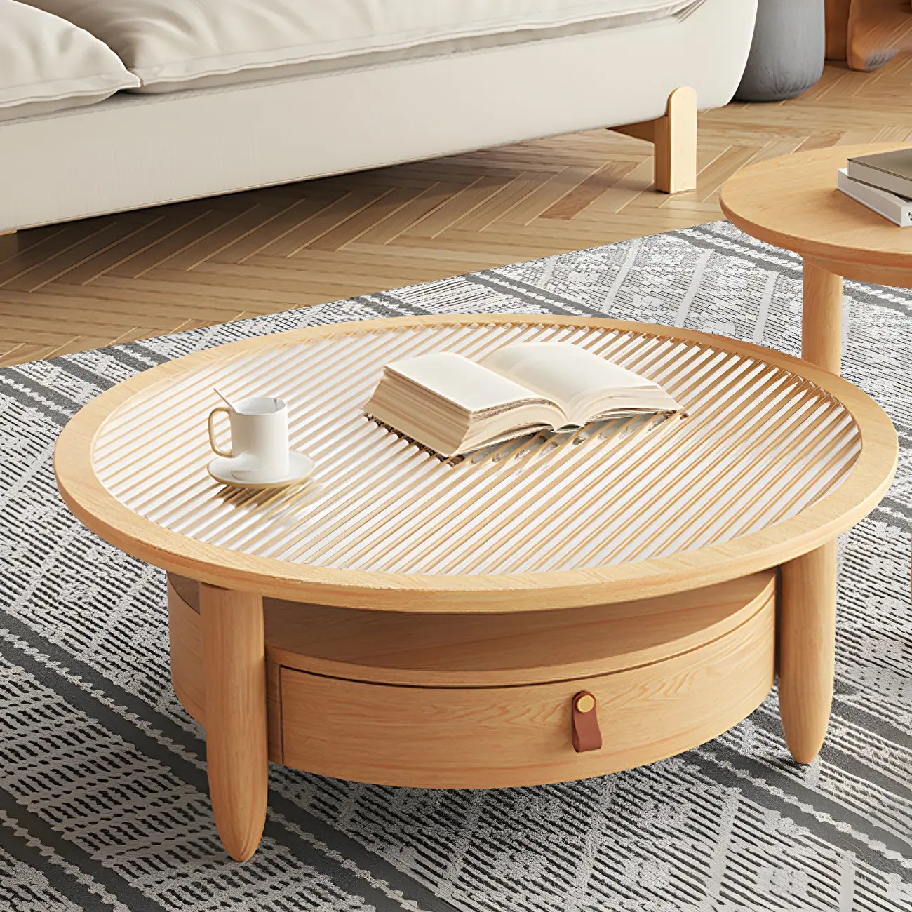 Table basse ronde moderne en bois marron avec tiroir en verre
