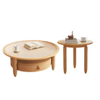 Table basse ronde moderne en bois marron avec tiroir en verre