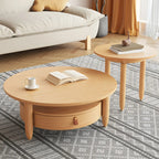 Table basse ronde moderne en bois marron avec tiroir en verre