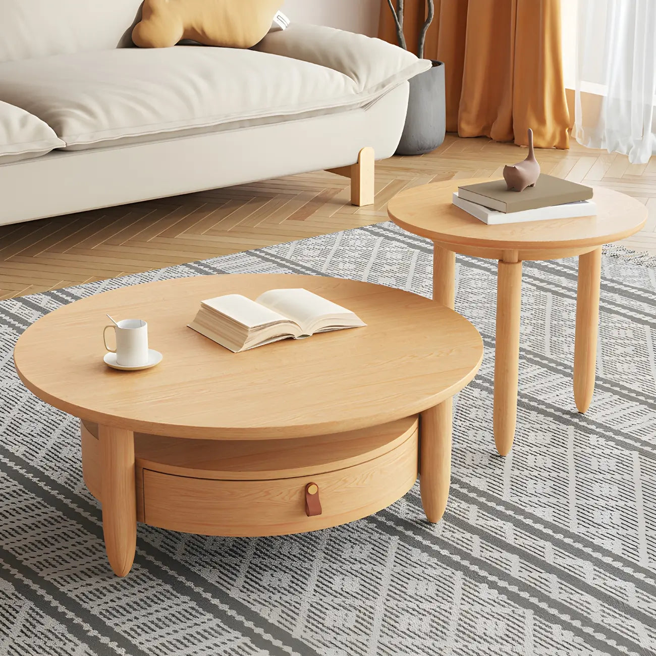 Table basse ronde moderne en bois marron avec tiroir en verre