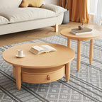 Table basse ronde moderne en bois marron avec tiroir en verre