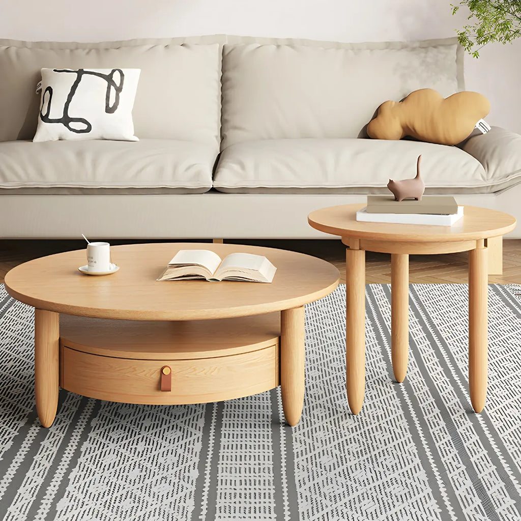 Table basse ronde moderne en bois marron avec tiroir en verre