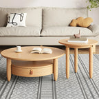 Table basse ronde moderne en bois marron avec tiroir en verre