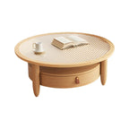 Table basse ronde moderne en bois marron avec tiroir en verre