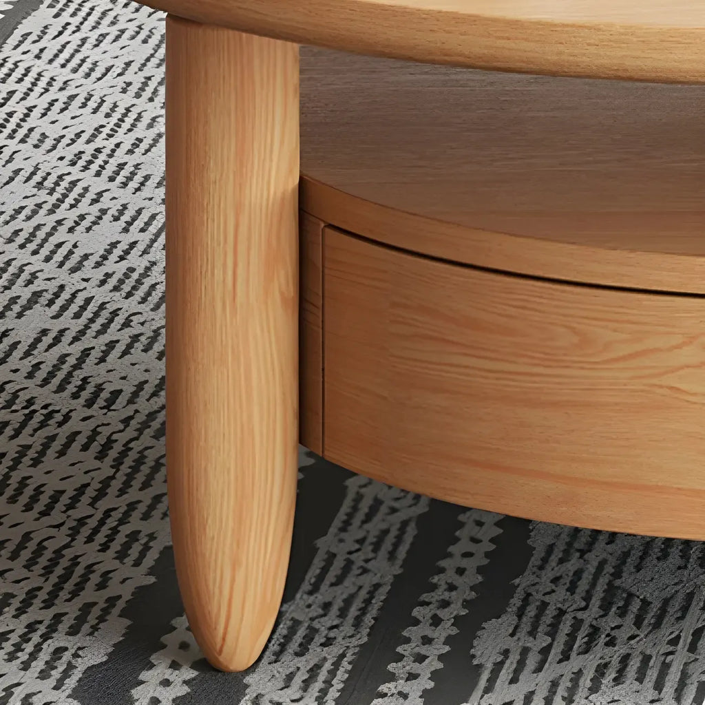 Table basse ronde moderne en bois marron avec tiroir en verre