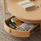 Table basse ronde moderne en bois marron avec tiroir en verre