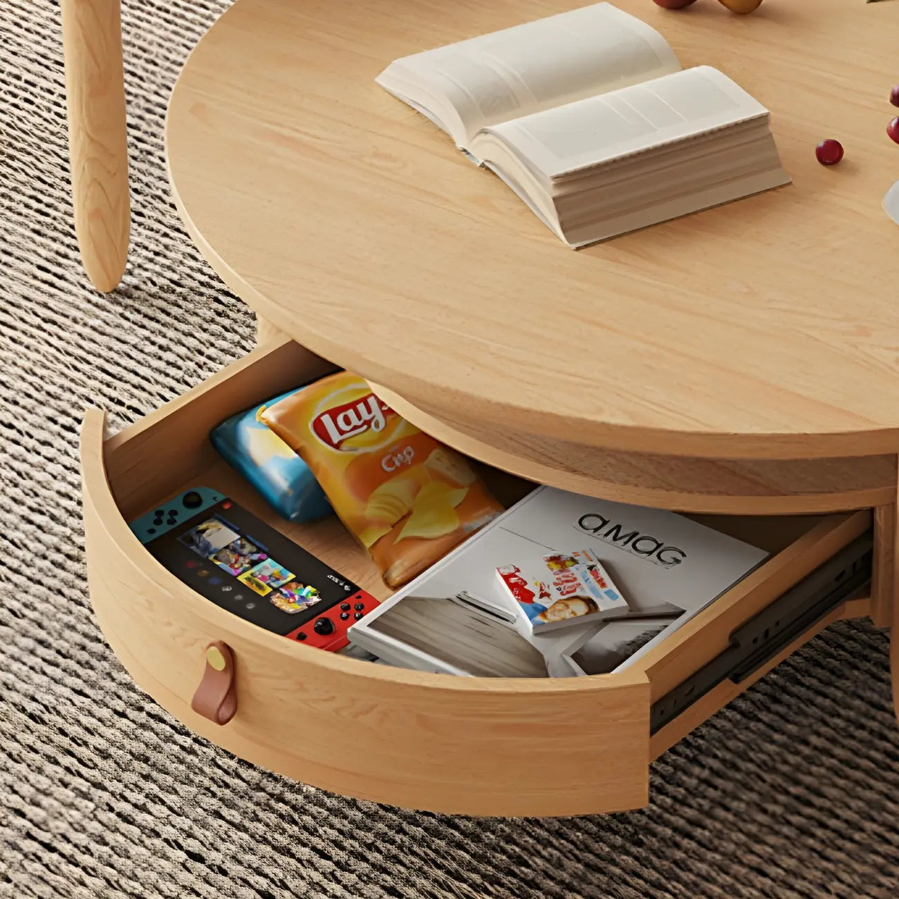 Table basse ronde moderne en bois marron avec tiroir en verre