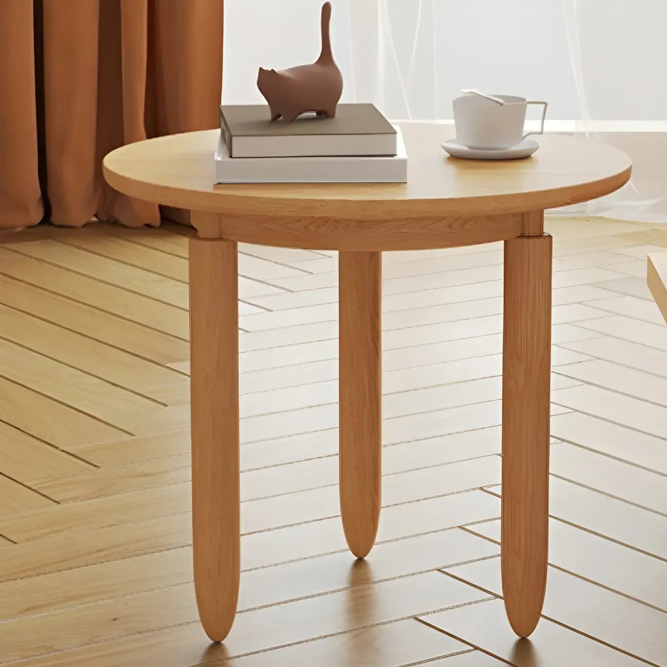 Table basse ronde moderne en bois marron avec tiroir en verre