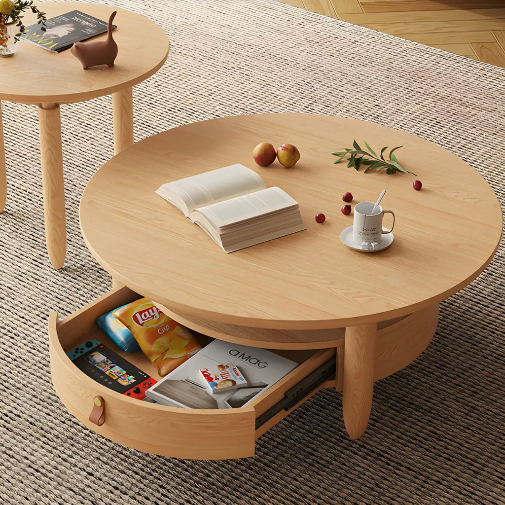 Table basse ronde moderne en bois marron avec tiroir en verre