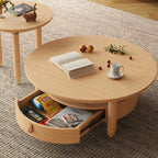 Table basse ronde moderne en bois marron avec tiroir en verre