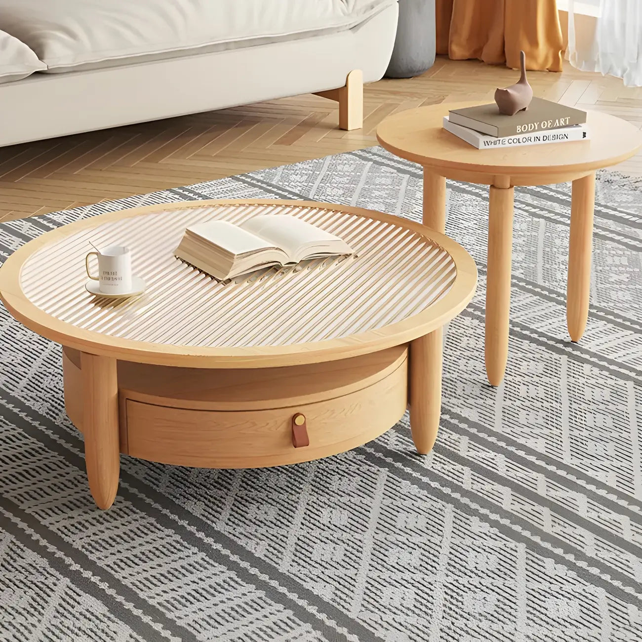 Table basse ronde moderne en bois marron avec tiroir en verre