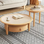 Table basse ronde moderne en bois marron avec tiroir en verre