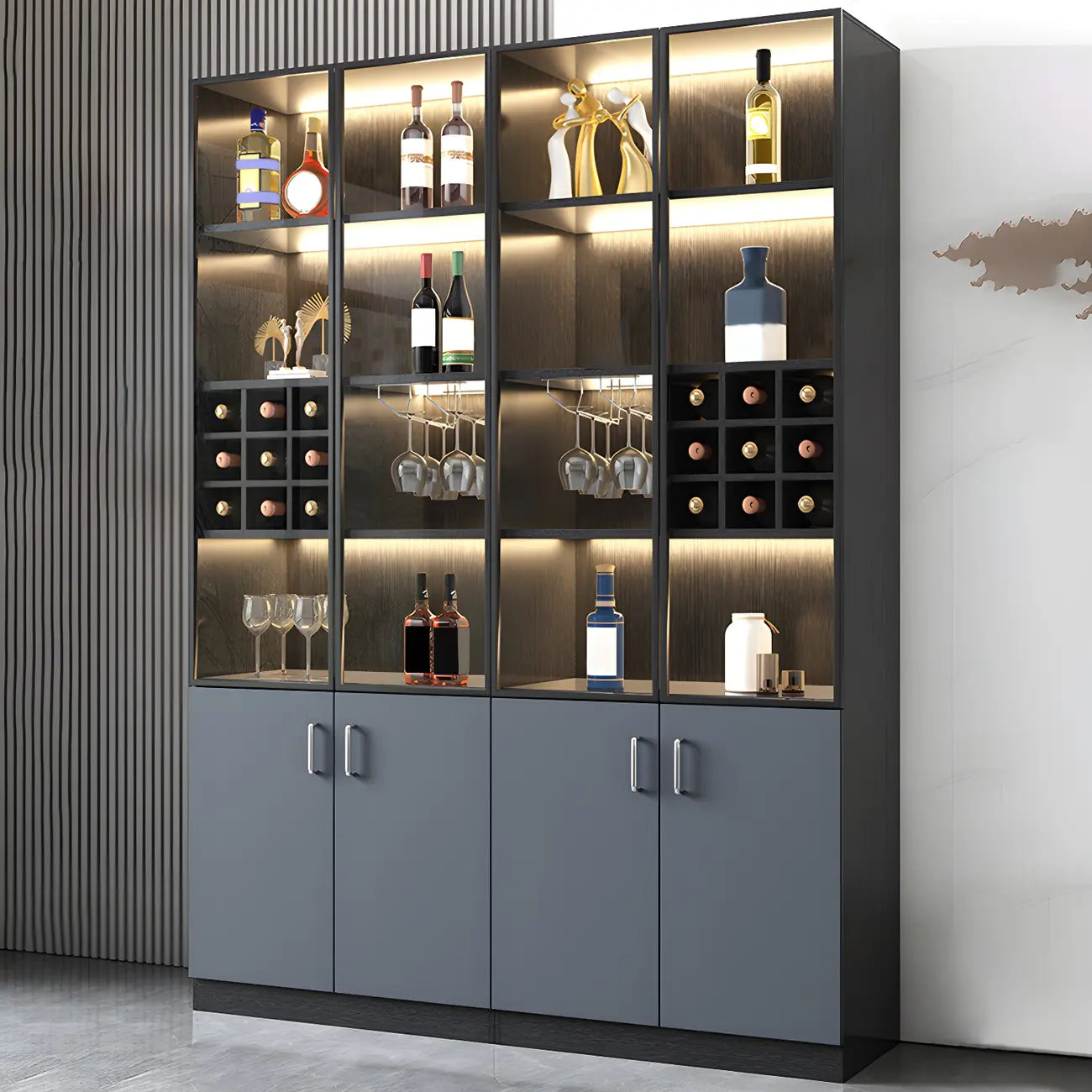 Vitrine de rangement en bois noir-gris avec éclairage