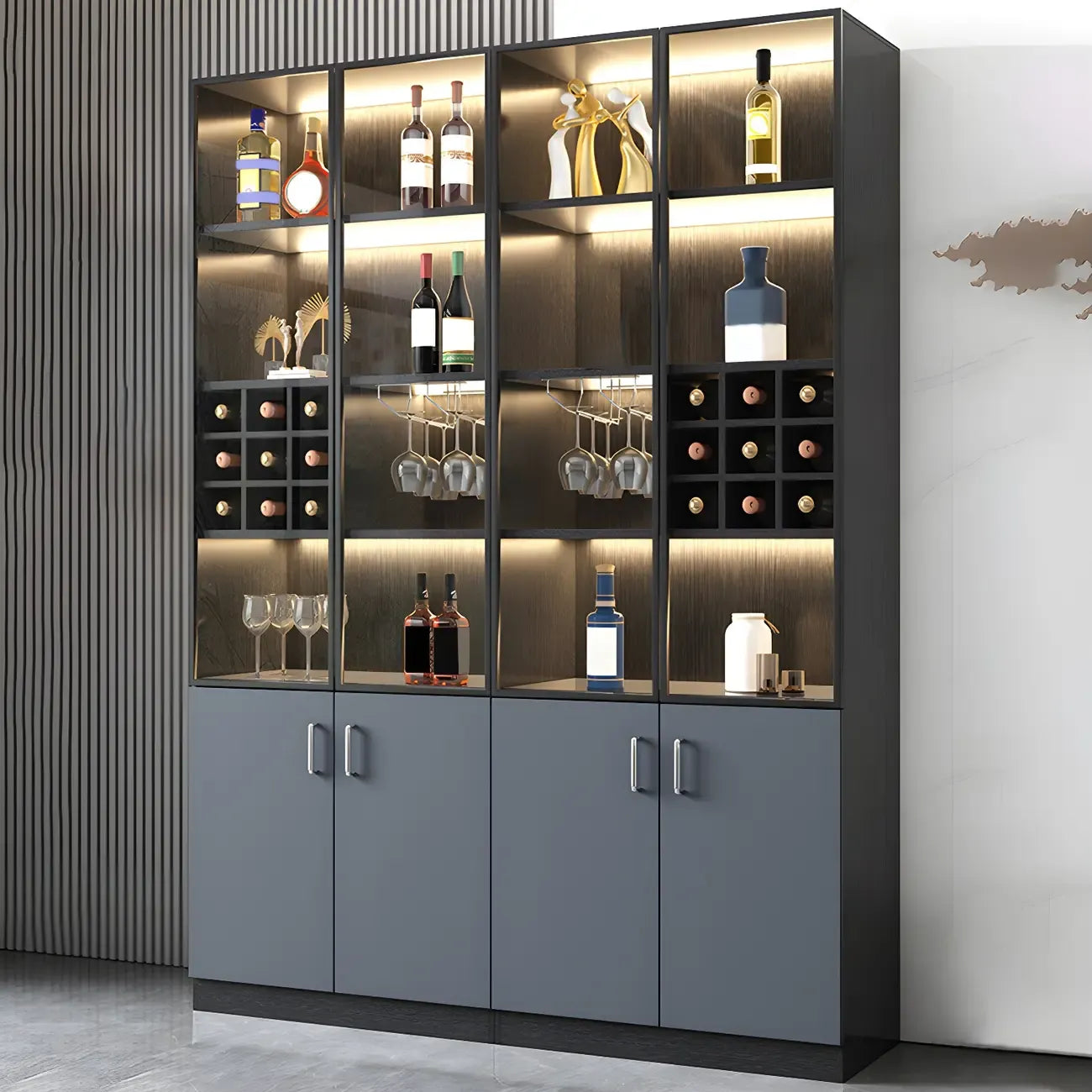 Vitrine de rangement en bois noir-gris avec éclairage