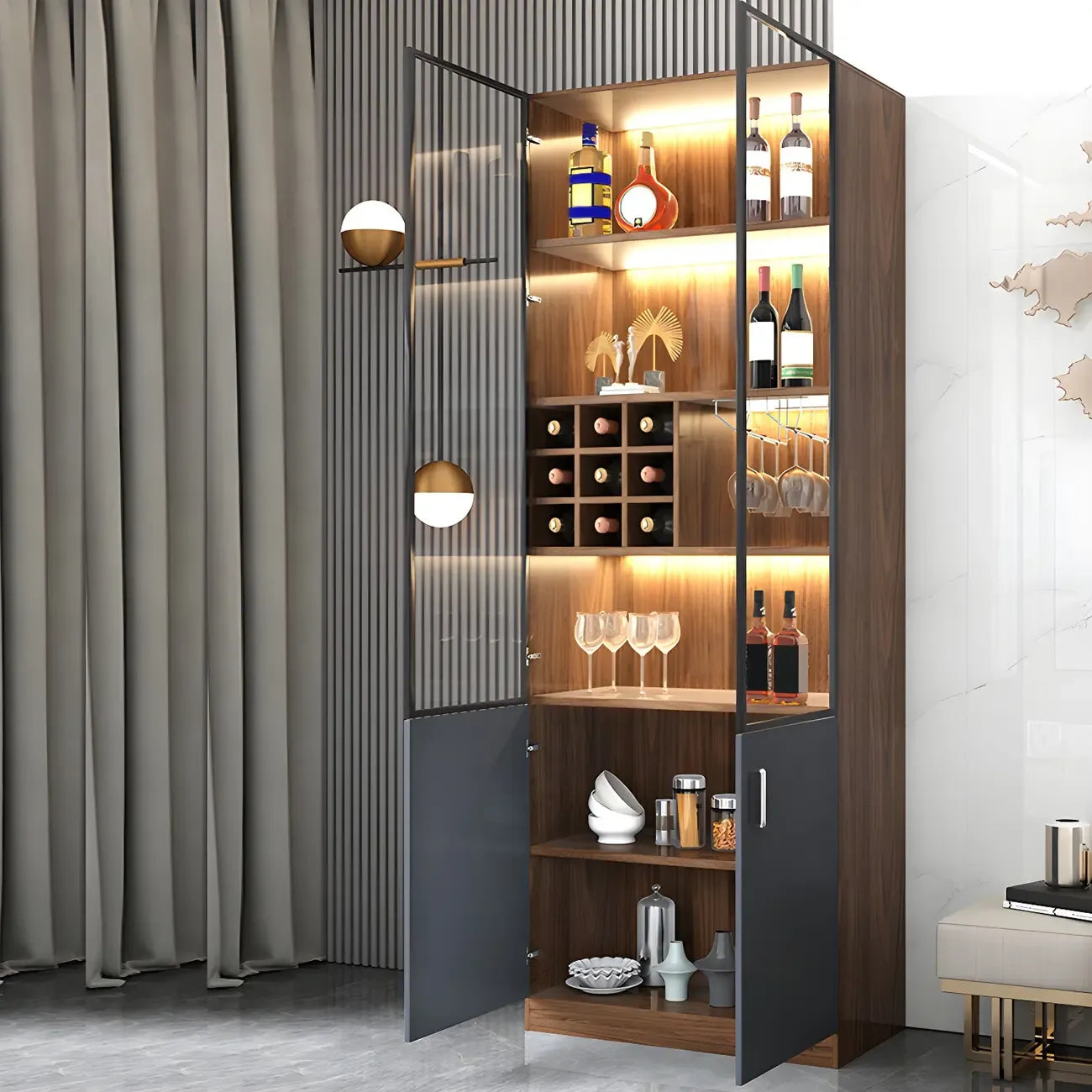 Vitrine de rangement en bois noir-gris avec éclairage