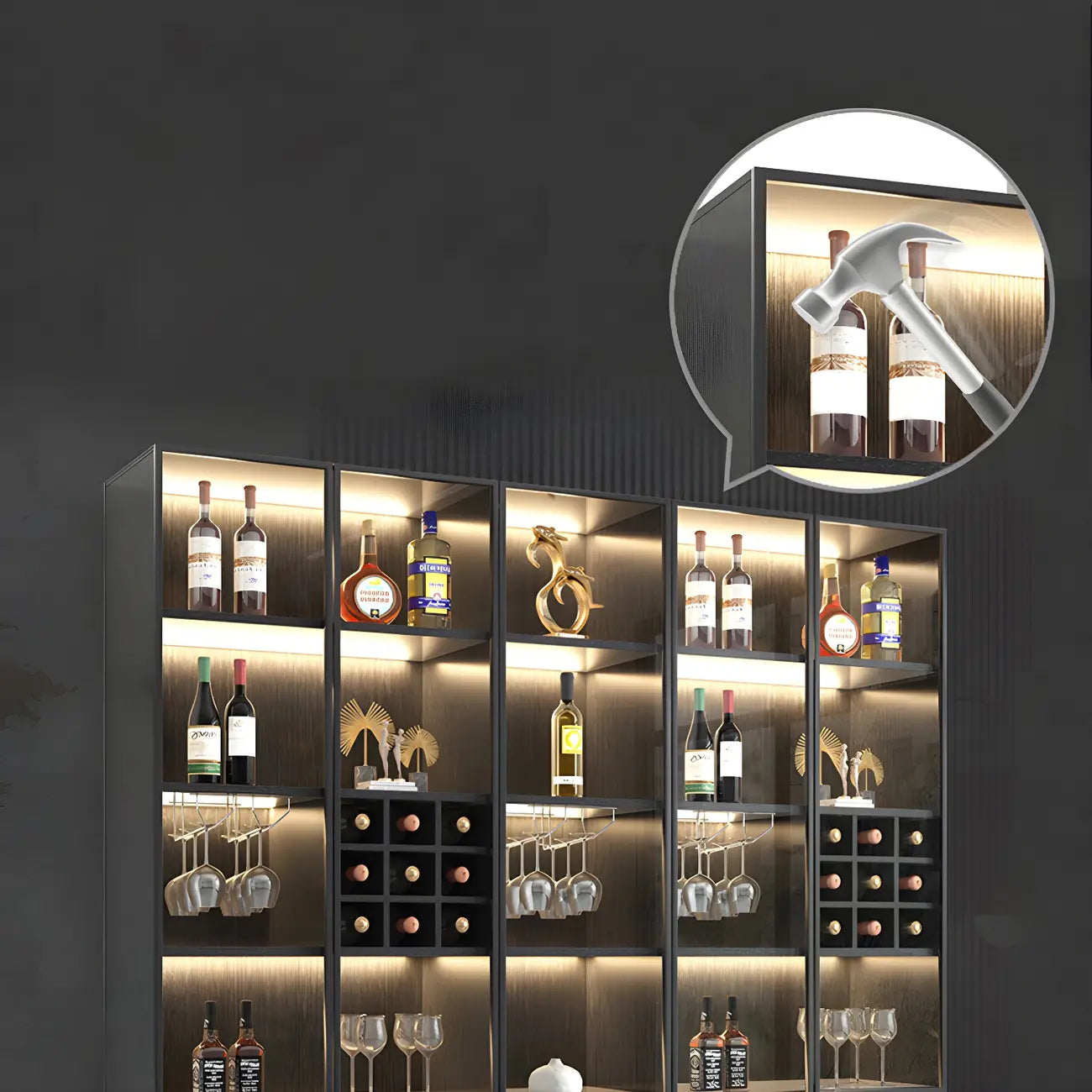 Vitrine de rangement en bois noir-gris avec éclairage