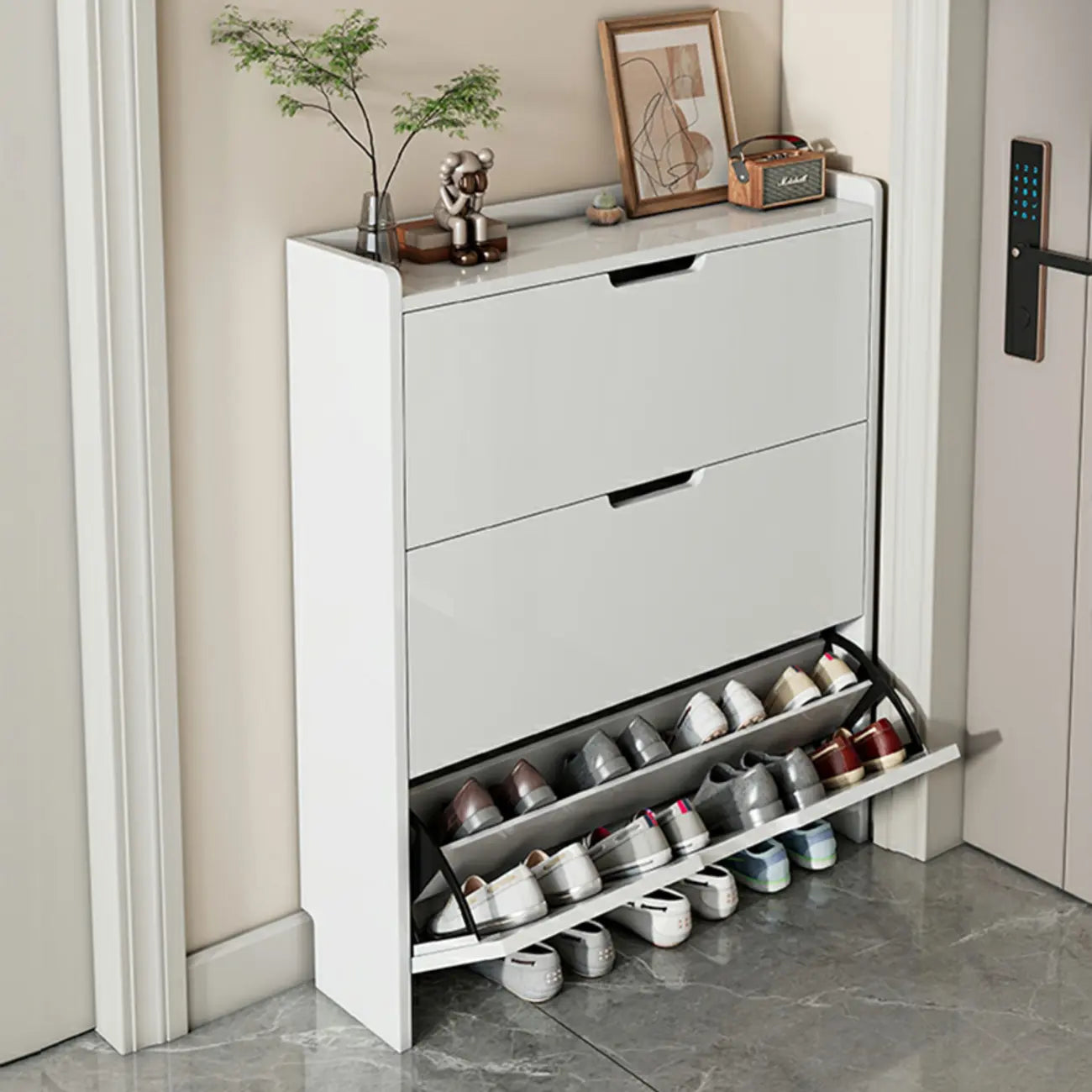 Scarpiera a 3 livelli in legno bianco con anta a ribalta
