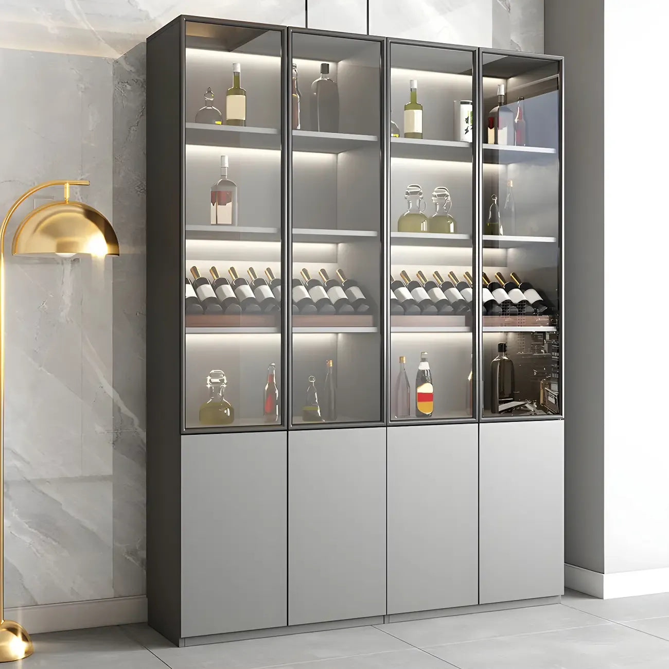 Vitrine en bois gris avec portes vitrées et tiroirs