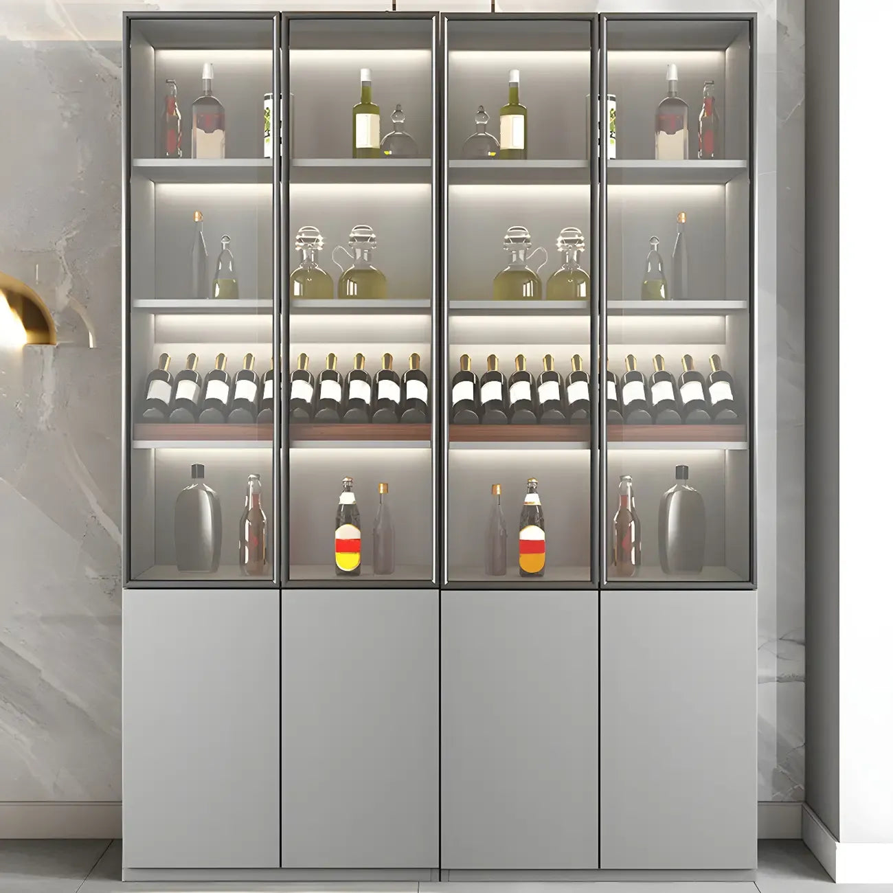 Vitrine en bois gris avec portes vitrées et tiroirs