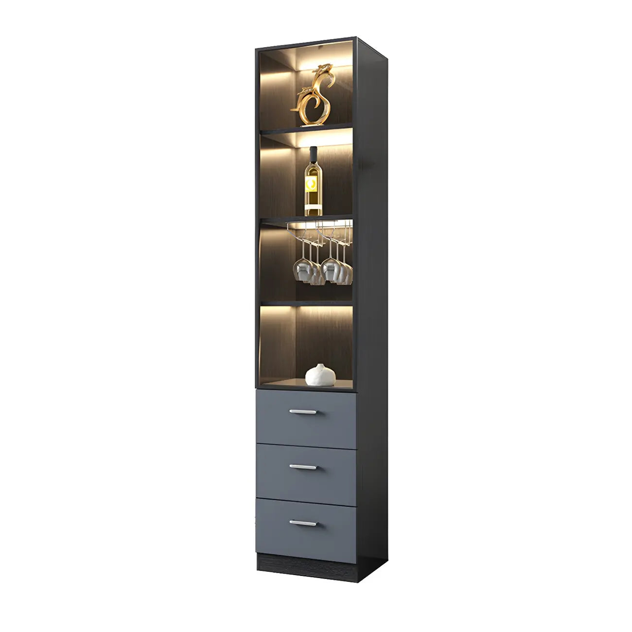 Vitrine en bois gris avec portes vitrées et tiroirs