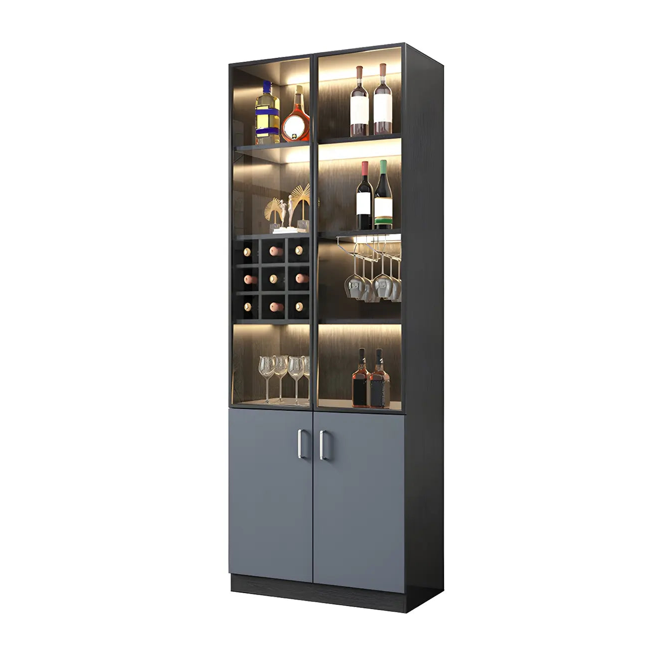 Vitrine en bois gris avec portes vitrées et tiroirs