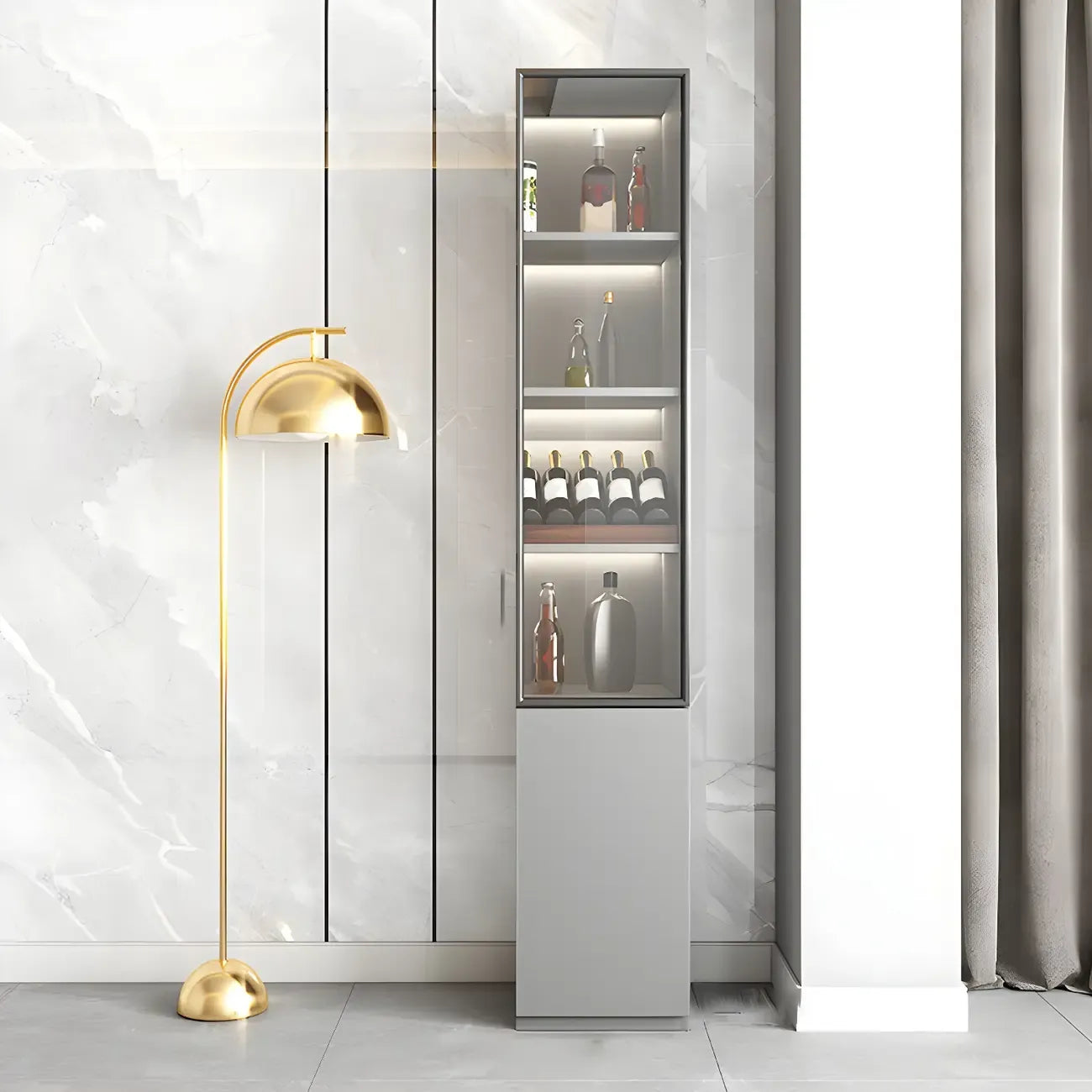 Vitrine en bois gris avec portes vitrées et tiroirs
