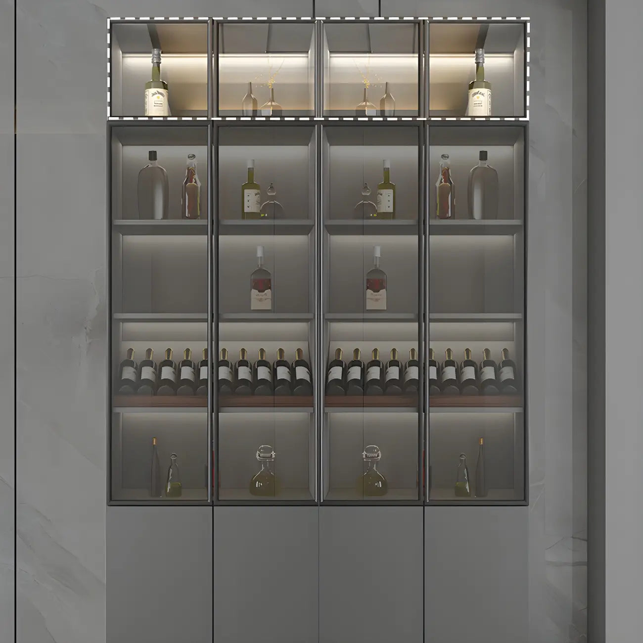 Vitrine en bois gris avec portes vitrées et tiroirs