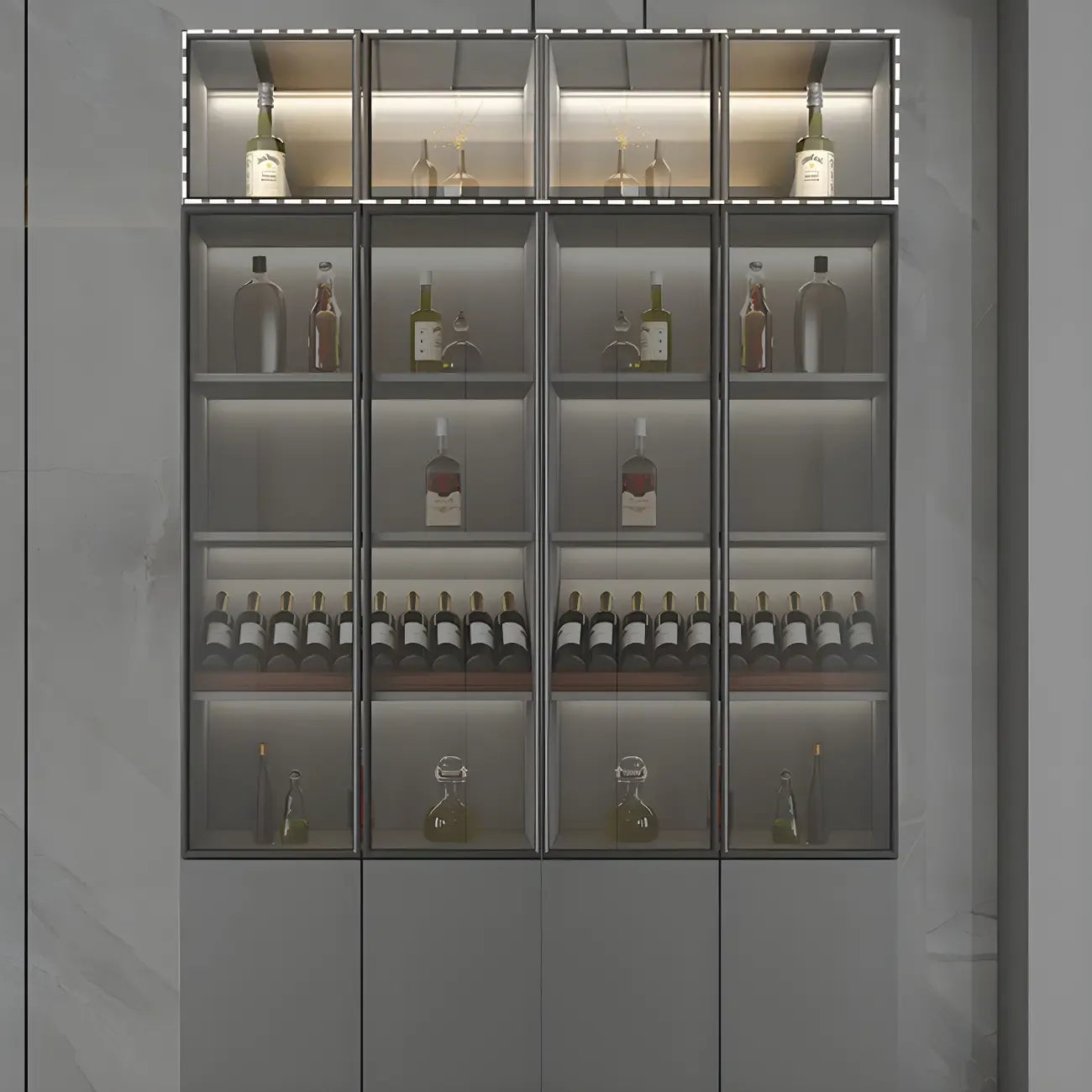 Vitrine en bois gris avec portes vitrées et tiroirs