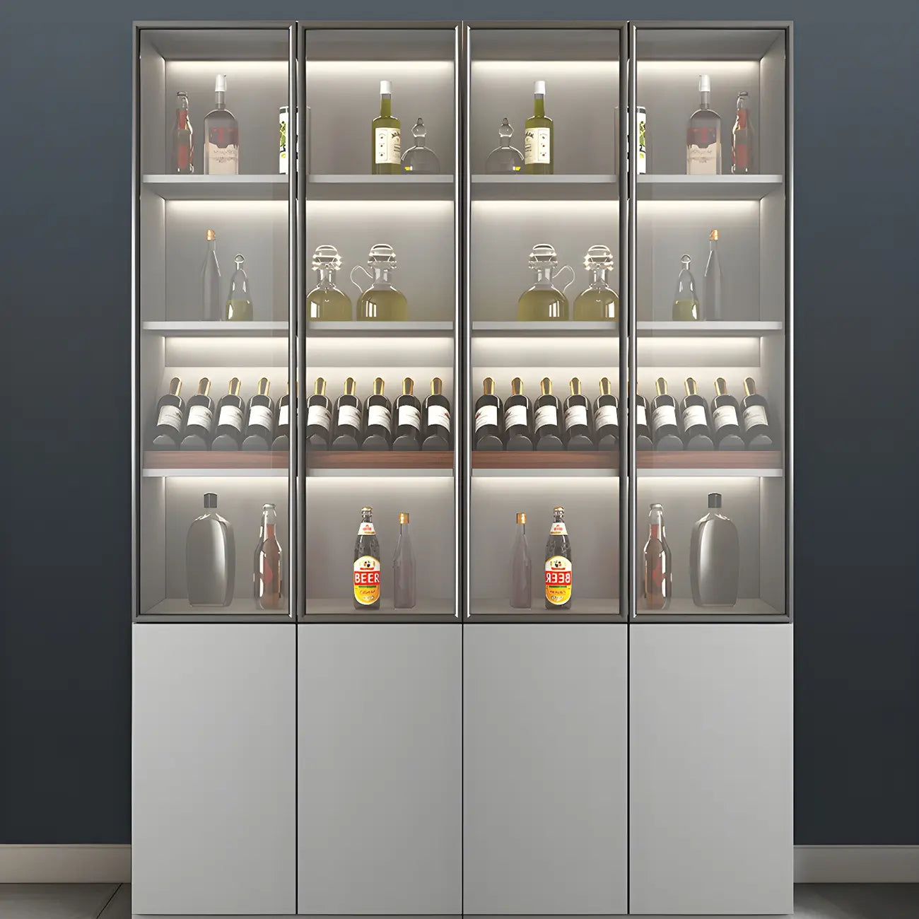 Vitrine en bois gris avec portes vitrées et tiroirs