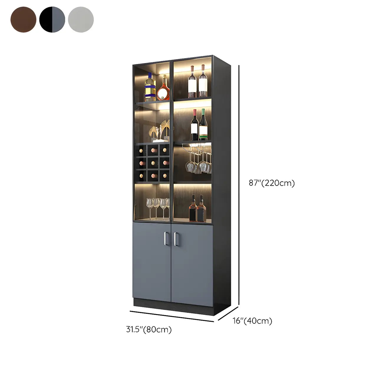 Vitrine en bois gris avec portes vitrées et tiroirs