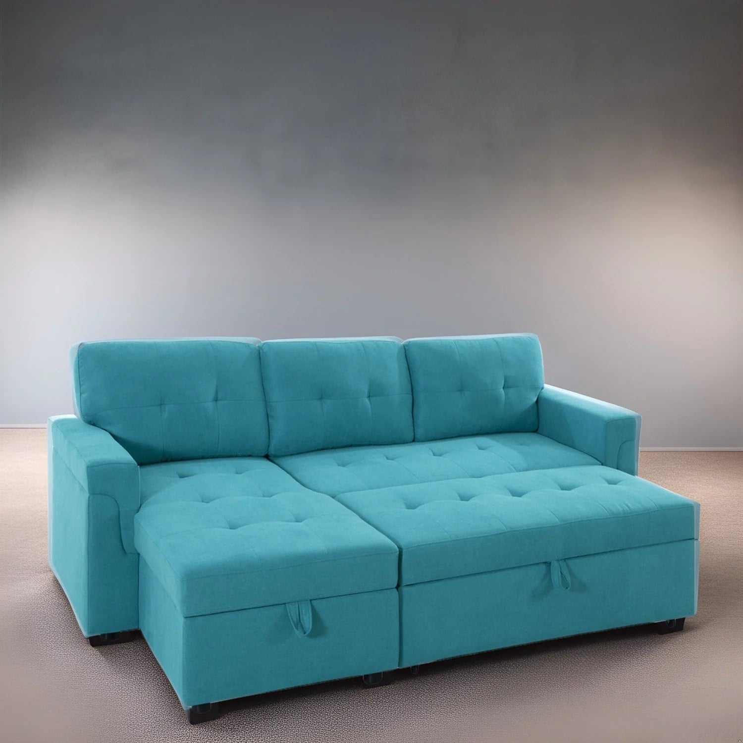 Canapé d'angle convertible et réversible avec lit gigogne, méridienne de rangement dissimulée et pieds robustes.