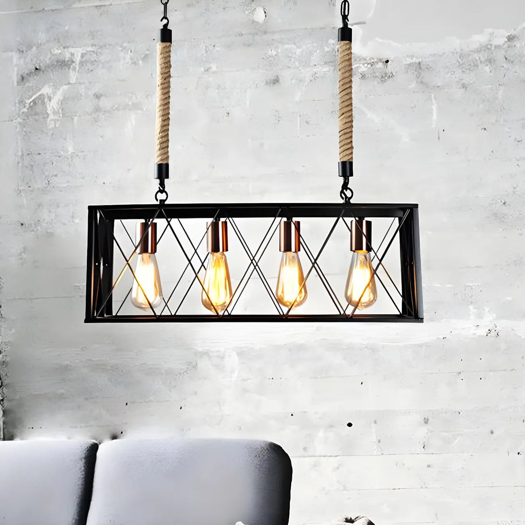 Suspension rectangulaire industrielle à 4 lumières en métal noir