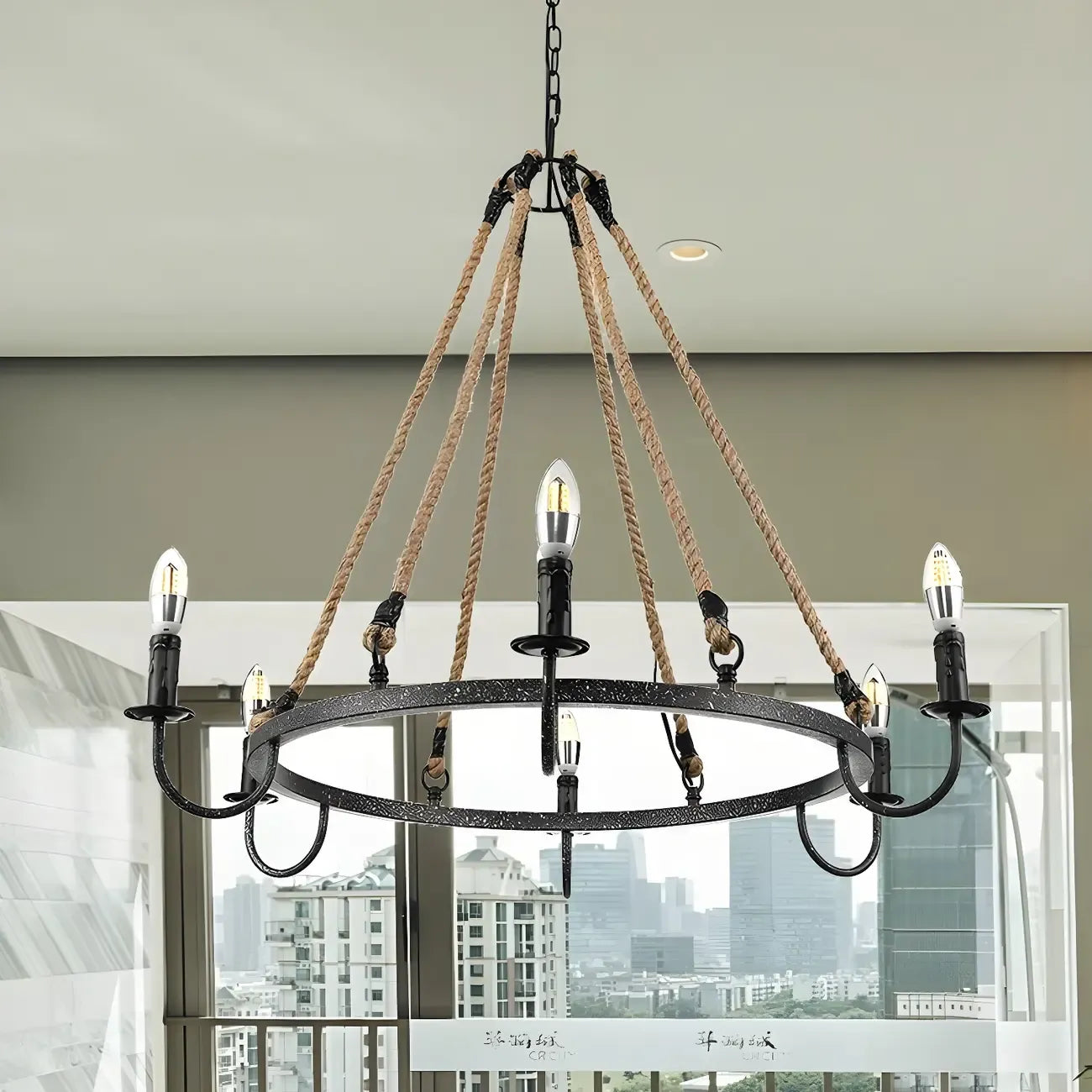 Lustre rond industriel en métal et corde de chanvre pour bougies